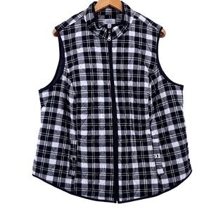 Women's Full Zip Quilted Vest Plus 2X Black White Plaid Gorpcore Croft & Barrow‎